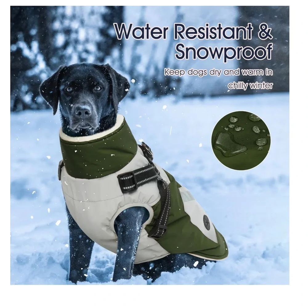 IECOii Zip Up Dog Coat - Waterproof Winter Fleece Jacket in Army Green, 726/bb1
